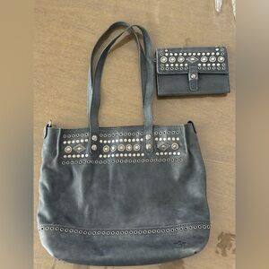 Patricia Nash Italian Gray Leather Studded Shoulder Tote  with Matching Wallet